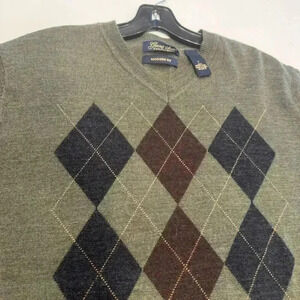 Garret Scott 100% Extra Fine Merino Wool Sweater Gray V Neck Argyle Mens Size L
